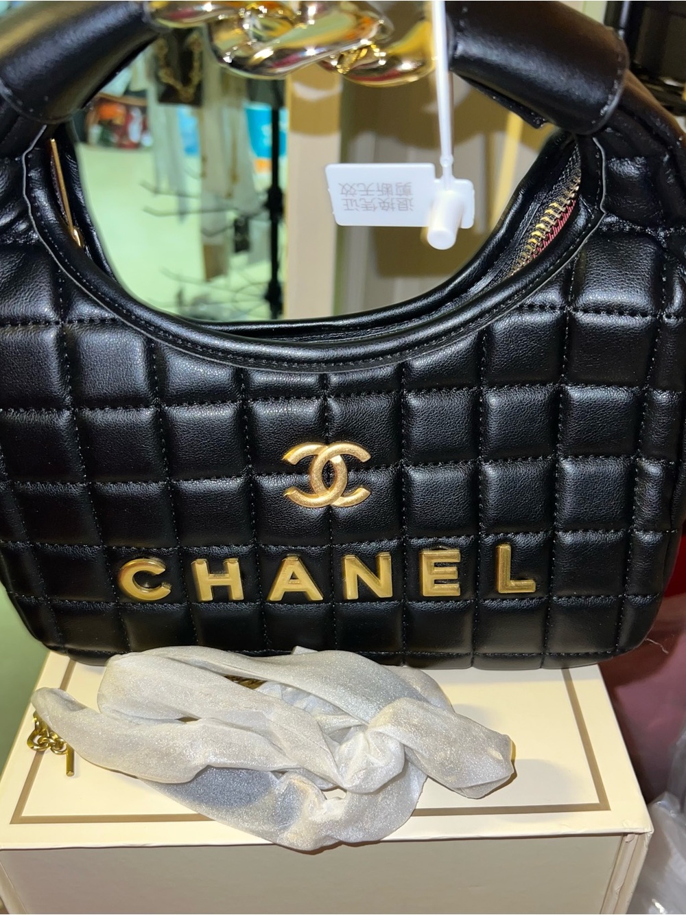 Quilted Mini Top-Handle Bag in Black with Silver and Gold Hardware